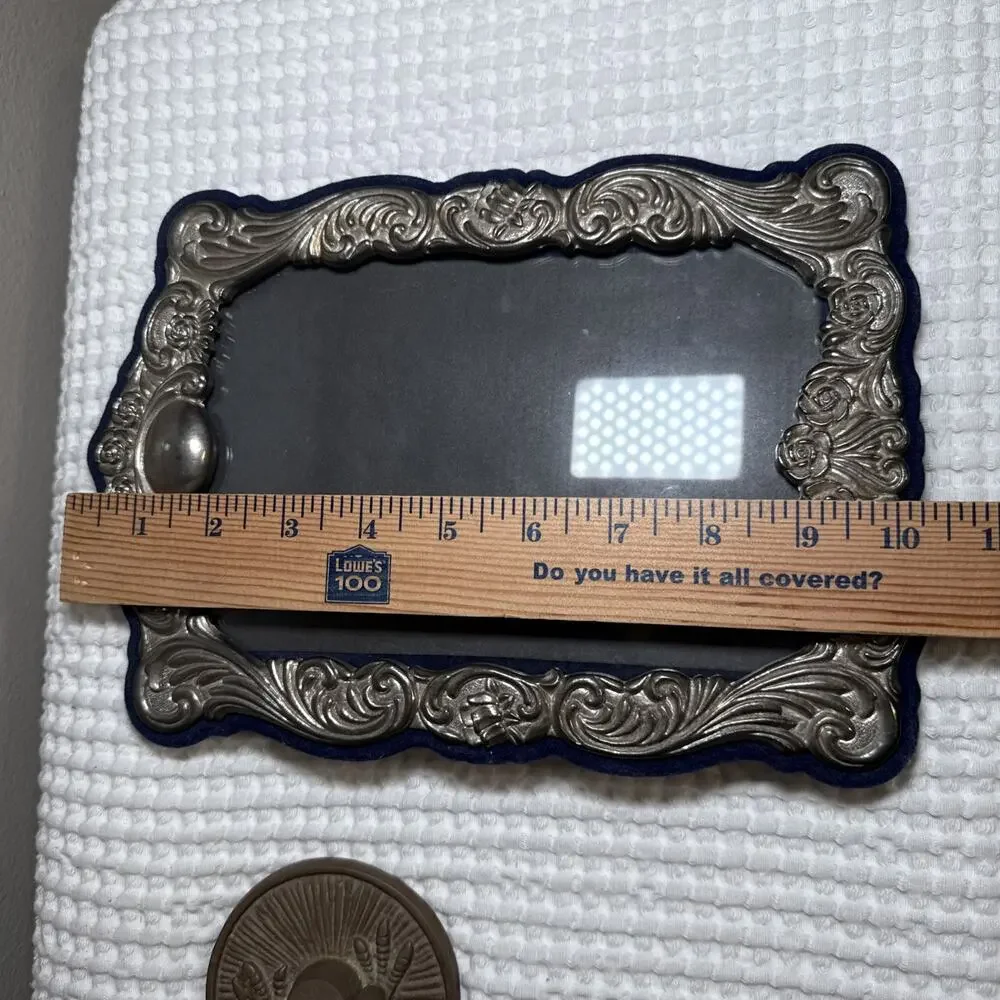 Vtg Ornate Silver Tone Picture Frame Blue Velvet Back Holds 5.5x8 Free Standing